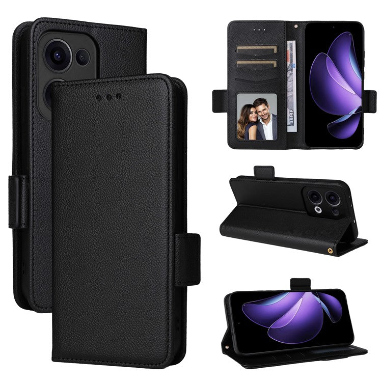 For Oppo Reno13 5G (Global) Case with Wrist Strap Litchi Texture PU Leather Wallet Phone Cover - Black