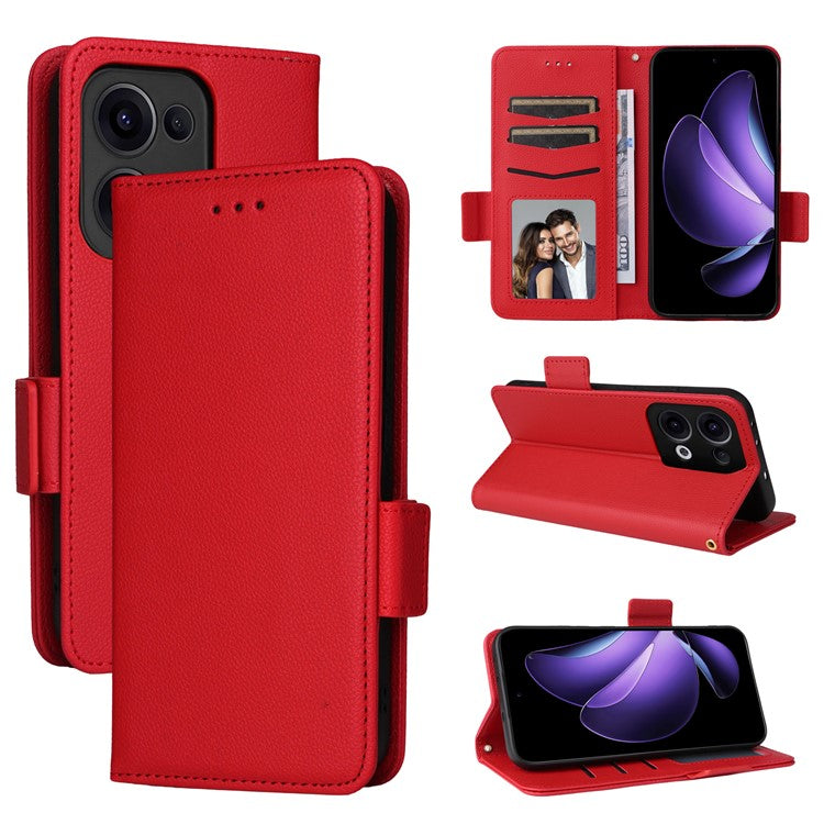 For Oppo Reno13 5G (Global) Case with Wrist Strap Litchi Texture PU Leather Wallet Phone Cover - Red