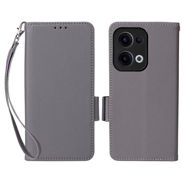 For Oppo Reno13 5G (Global) Case with Wrist Strap Litchi Texture PU Leather Wallet Phone Cover - Grey