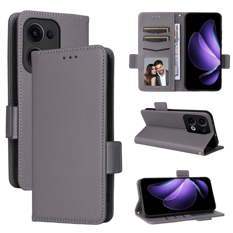 For Oppo Reno13 5G (Global) Case with Wrist Strap Litchi Texture PU Leather Wallet Phone Cover - Grey