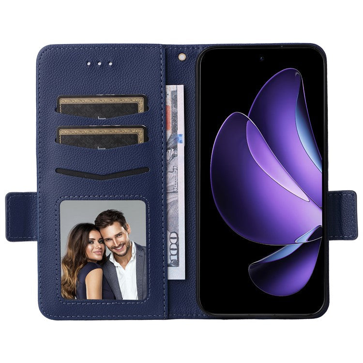 For Oppo Reno13 5G (Global) Case with Wrist Strap Litchi Texture PU Leather Wallet Phone Cover - Dark Blue