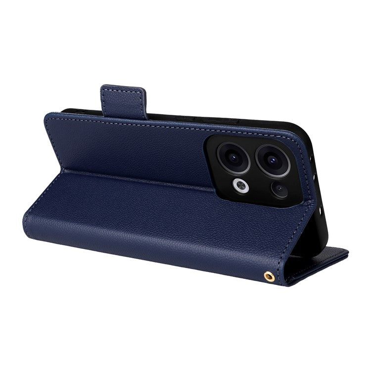 For Oppo Reno13 5G (Global) Case with Wrist Strap Litchi Texture PU Leather Wallet Phone Cover - Dark Blue