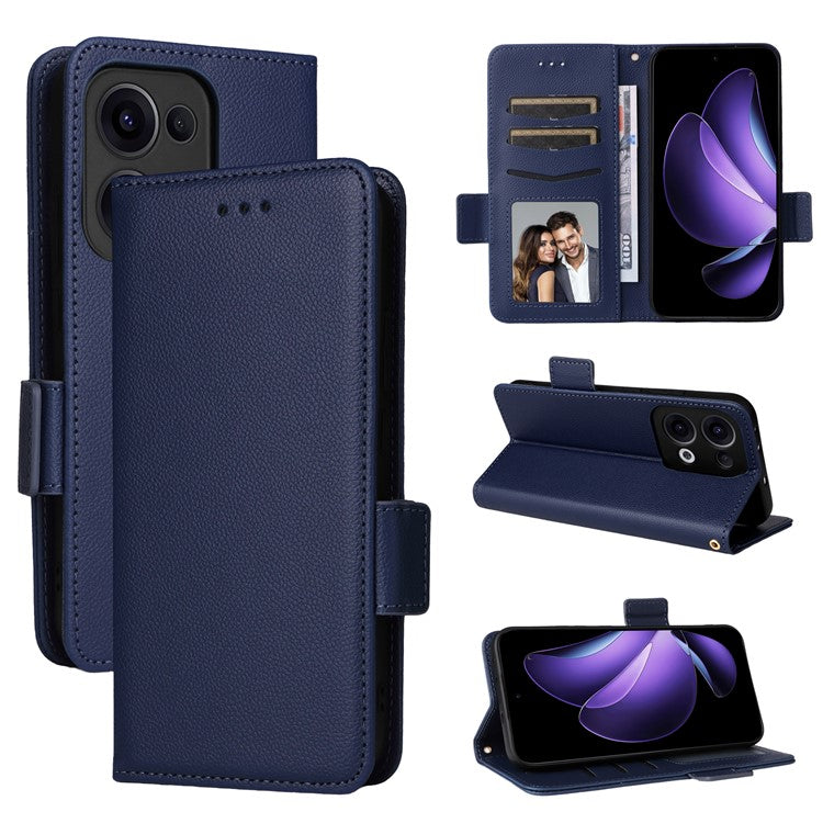 For Oppo Reno13 5G (Global) Case with Wrist Strap Litchi Texture PU Leather Wallet Phone Cover - Dark Blue