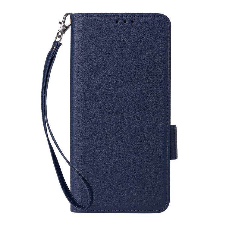 For Oppo Reno13 5G (Global) Case with Wrist Strap Litchi Texture PU Leather Wallet Phone Cover - Dark Blue