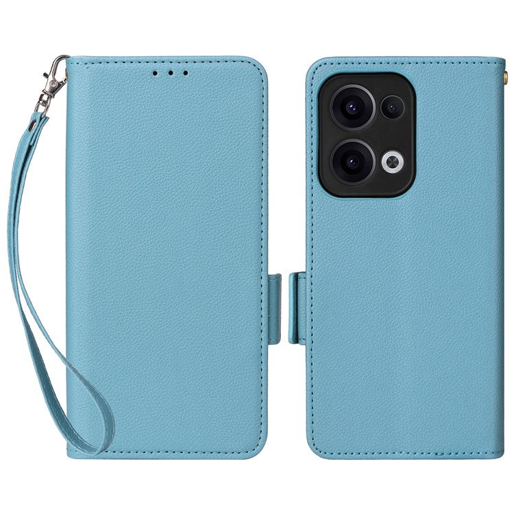 For Oppo Reno13 5G (Global) Case with Wrist Strap Litchi Texture PU Leather Wallet Phone Cover - Baby Blue