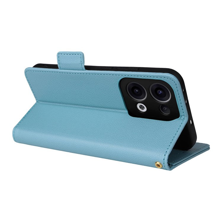 For Oppo Reno13 5G (Global) Case with Wrist Strap Litchi Texture PU Leather Wallet Phone Cover - Baby Blue