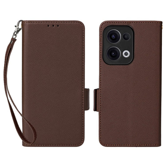For Oppo Reno13 5G (Global) Case with Wrist Strap Litchi Texture PU Leather Wallet Phone Cover - Brown