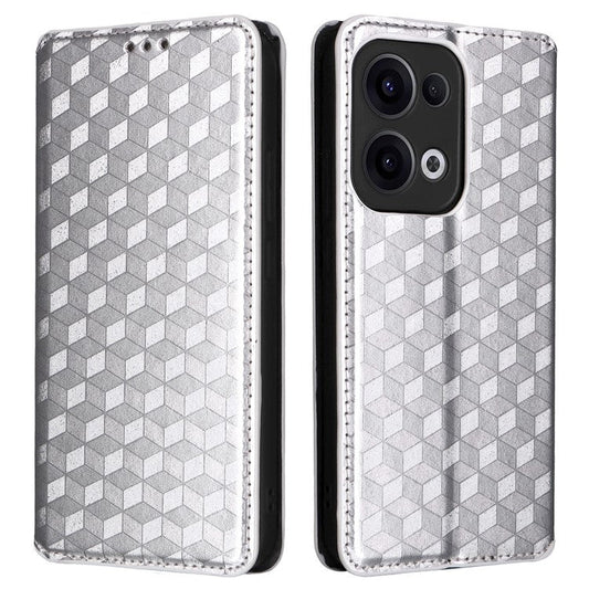 For Oppo Reno13 5G (Global) Wallet Case Rhombus Imprinted Leather Phone Cover - Silver