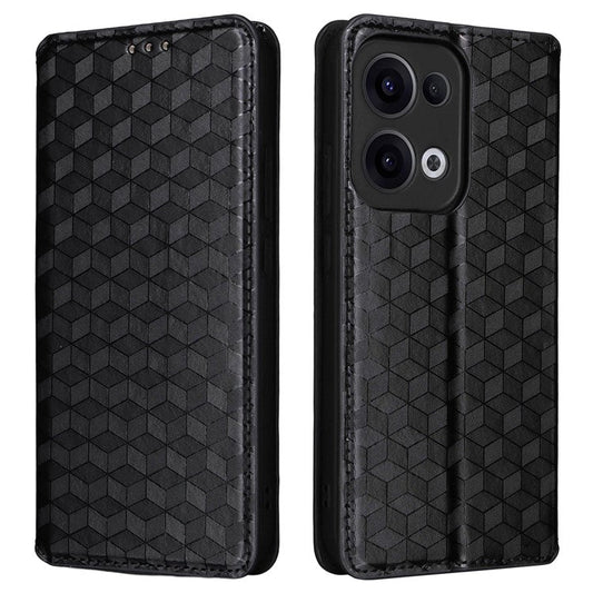 For Oppo Reno13 5G (Global) Wallet Case Rhombus Imprinted Leather Phone Cover - Black