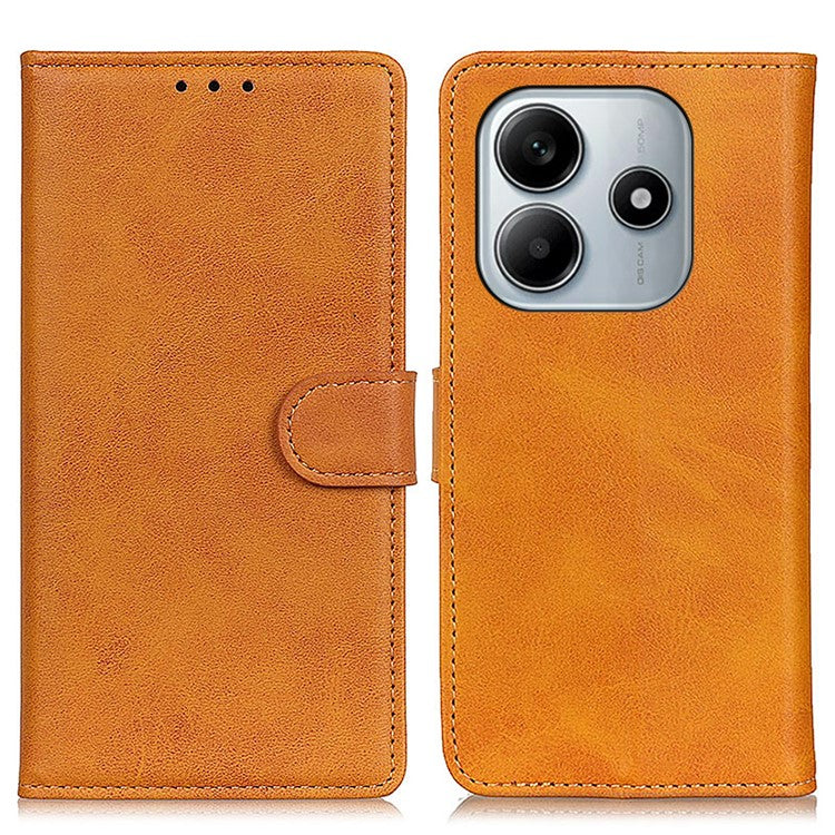 For Xiaomi Redmi Note 14 5G Wallet Case Cowhide Texture Leather Stand Phone Cover - Brown