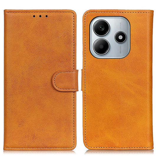For Xiaomi Redmi Note 14 5G Wallet Case Cowhide Texture Leather Stand Phone Cover - Brown