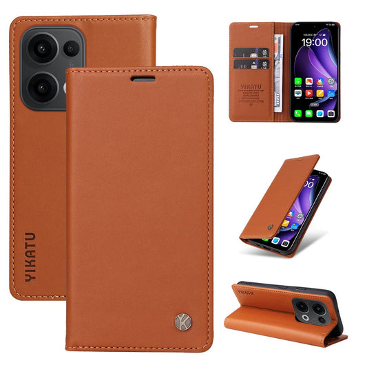 For Oppo Reno13 5G (Global) Phone Cases YIKATU Magnetic Closure PU Leather Mobile Cover - Brown