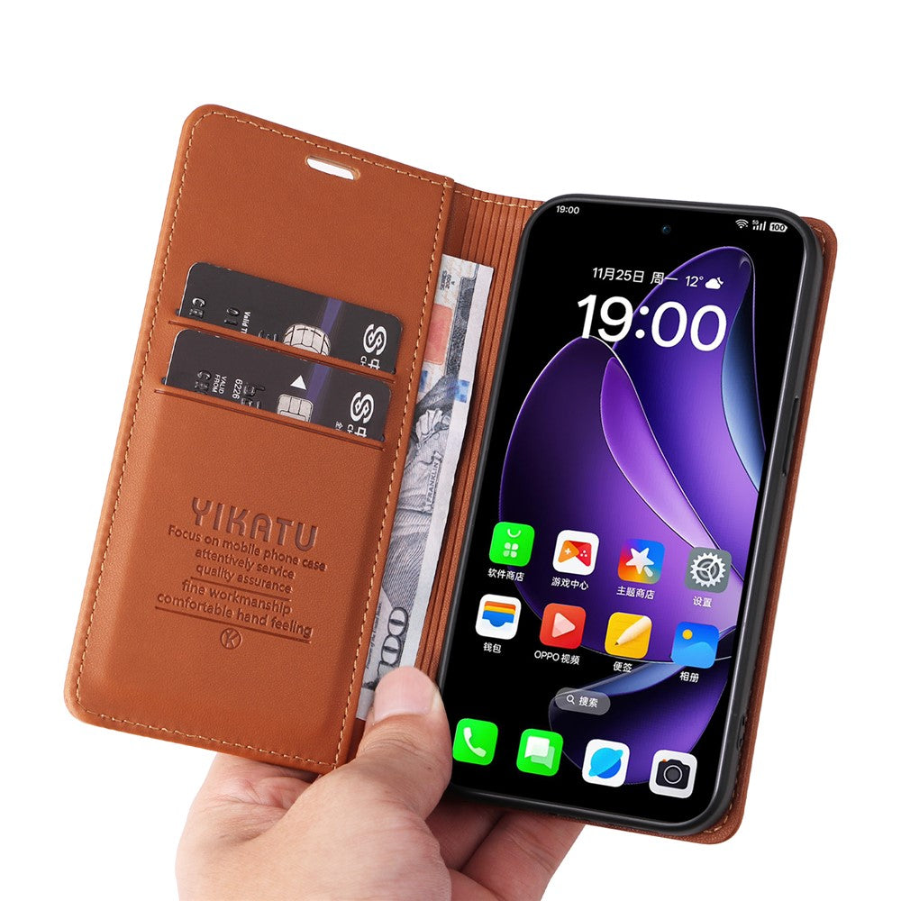 For Oppo Reno13 5G (Global) Phone Cases YIKATU Magnetic Closure PU Leather Mobile Cover - Brown