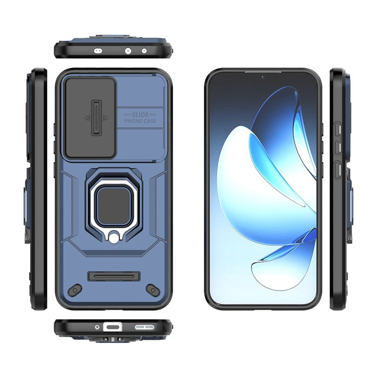 For Oppo Reno13 5G (Global) Case PC + TPU Kickstand Phone Protector with Lens Cover - Blue