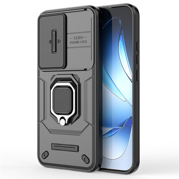 For Oppo Reno13 5G (Global) Case PC + TPU Kickstand Phone Protector with Lens Cover - Black