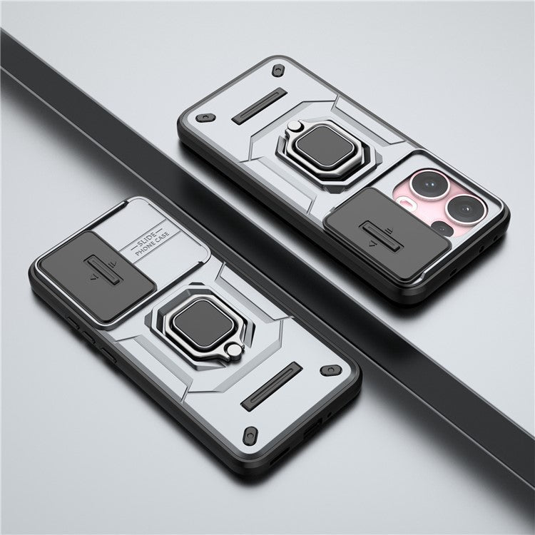 For Oppo Reno13 Pro 5G Case PC + TPU Kickstand Phone Protector with Lens Cover - Grey