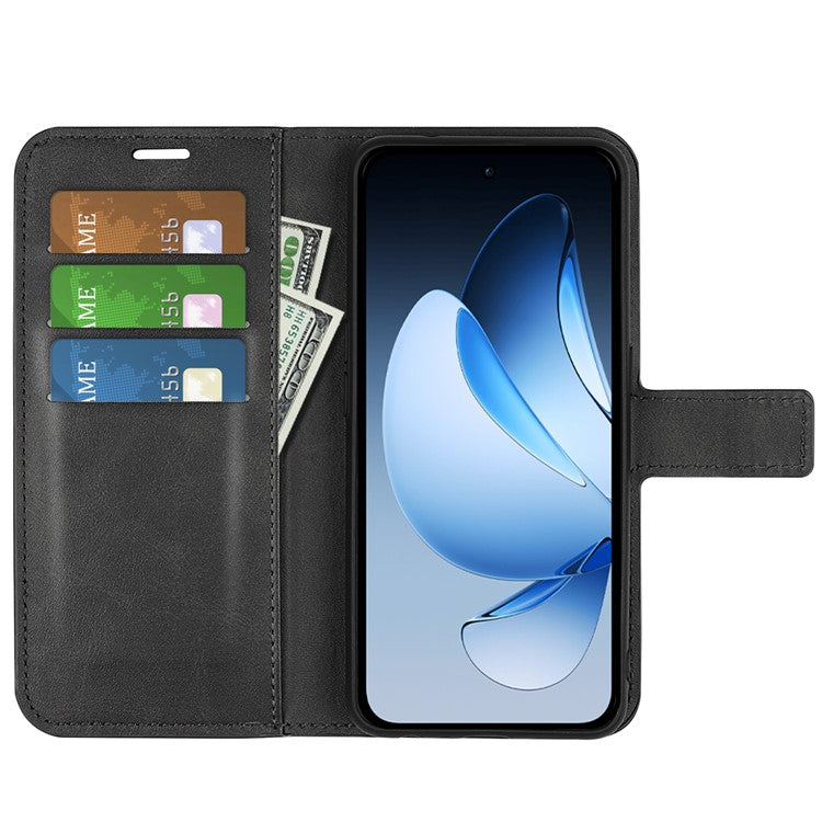 For Oppo Reno13 5G (Global) Stand Case Anti-Scratch Calf Texture Leather Phone Cover - Black