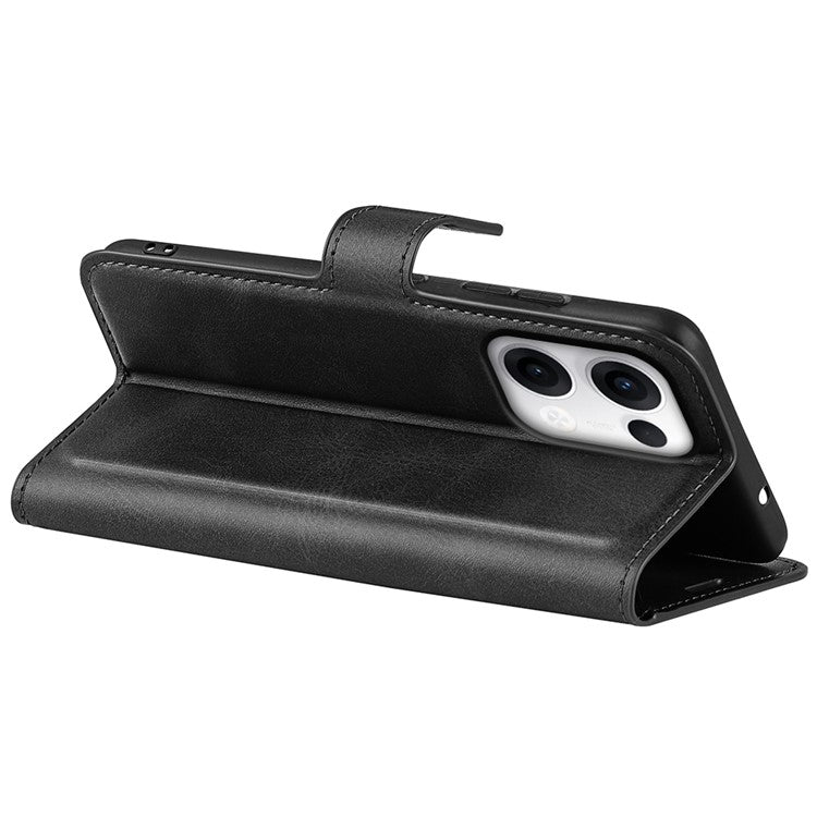 For Oppo Reno13 5G (Global) Stand Case Anti-Scratch Calf Texture Leather Phone Cover - Black