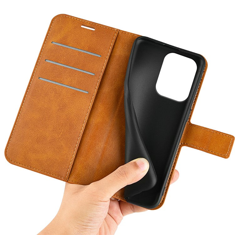For Oppo Reno13 5G (Global) Stand Case Anti-Scratch Calf Texture Leather Phone Cover - Yellow