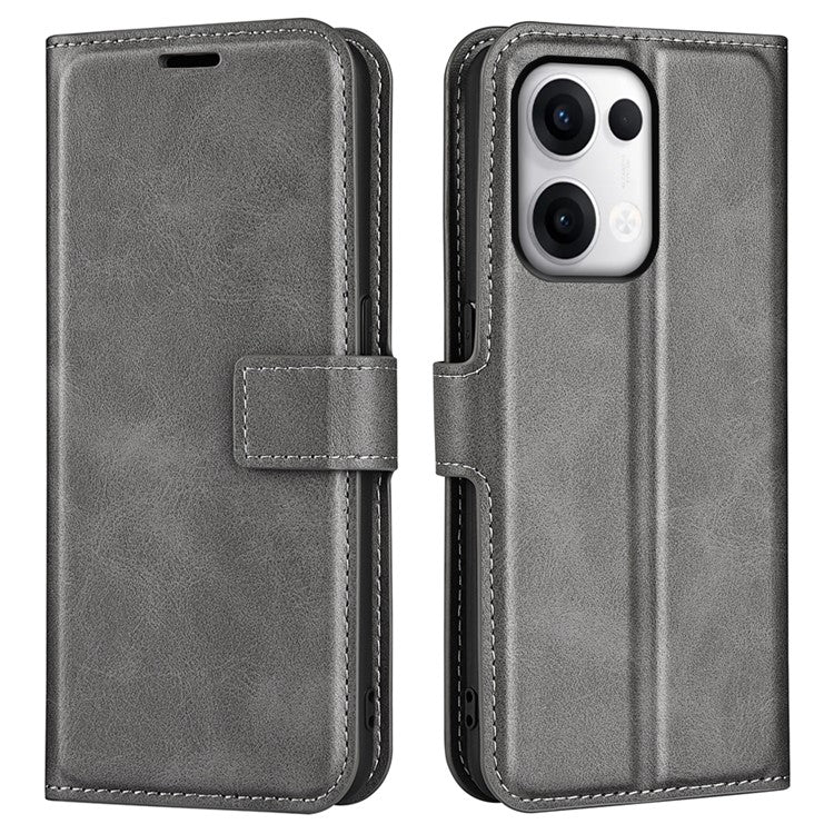 For Oppo Reno13 5G (Global) Stand Case Anti-Scratch Calf Texture Leather Phone Cover - Grey