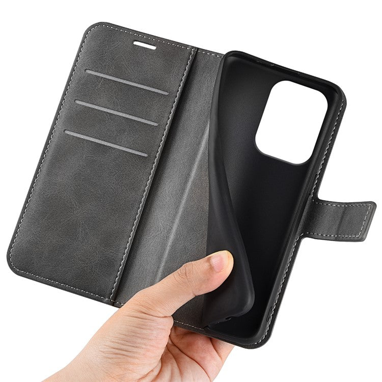 For Oppo Reno13 5G (Global) Stand Case Anti-Scratch Calf Texture Leather Phone Cover - Grey