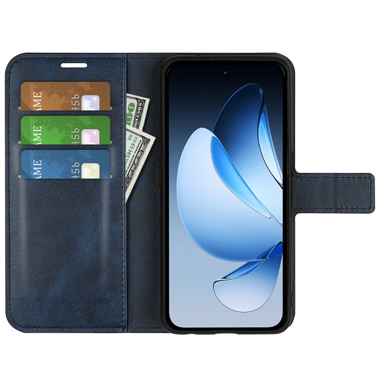 For Oppo Reno13 5G (Global) Stand Case Anti-Scratch Calf Texture Leather Phone Cover - Blue