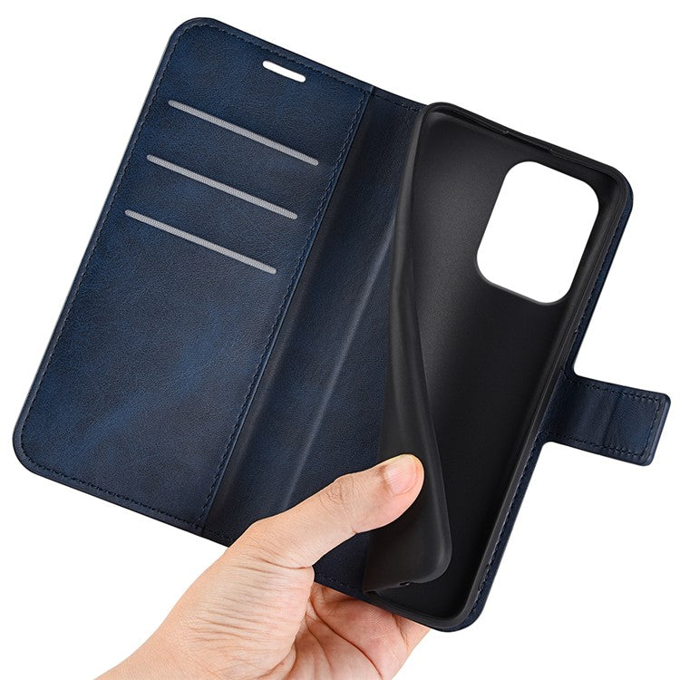 For Oppo Reno13 5G (Global) Stand Case Anti-Scratch Calf Texture Leather Phone Cover - Blue