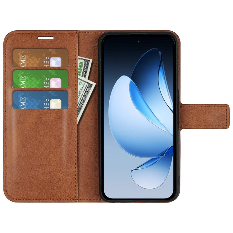 For Oppo Reno13 5G (Global) Stand Case Anti-Scratch Calf Texture Leather Phone Cover - Light Brown