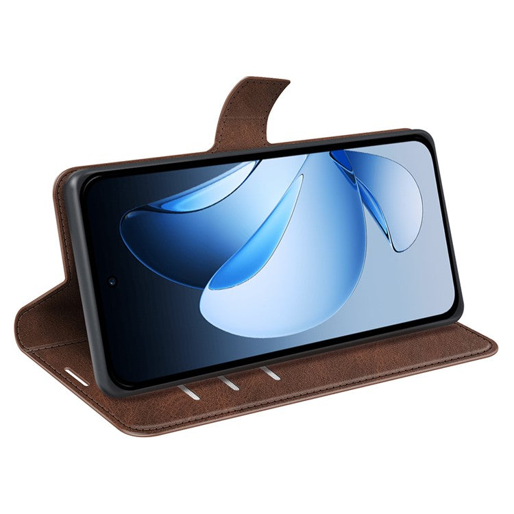 For Oppo Reno13 5G (Global) Stand Case Anti-Scratch Calf Texture Leather Phone Cover - Brown