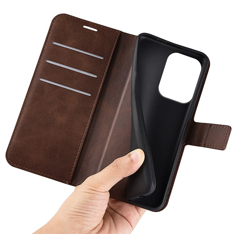 For Oppo Reno13 5G (Global) Stand Case Anti-Scratch Calf Texture Leather Phone Cover - Brown