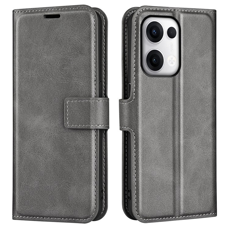 For Oppo Reno13 Pro 5G Stand Case Anti-Scratch Calf Texture Leather Phone Cover - Grey