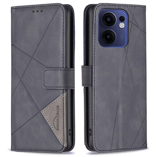 BINFEN COLOR For Oppo Reno13 F 5G Phone Cases Wallet Stand Geometry Imprinted Leather Cover - Black