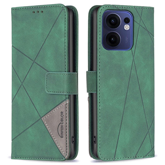 BINFEN COLOR For Oppo Reno13 F 5G Phone Cases Wallet Stand Geometry Imprinted Leather Cover - Green