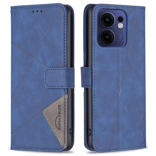 BINFEN COLOR For Oppo Reno13 F 5G Phone Cases Wallet Stand Geometry Imprinted Leather Cover - Blue