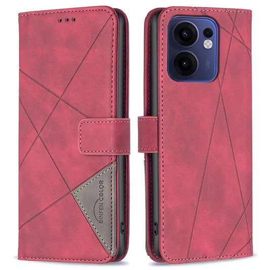 BINFEN COLOR For Oppo Reno13 F 5G Phone Cases Wallet Stand Geometry Imprinted Leather Cover - Red