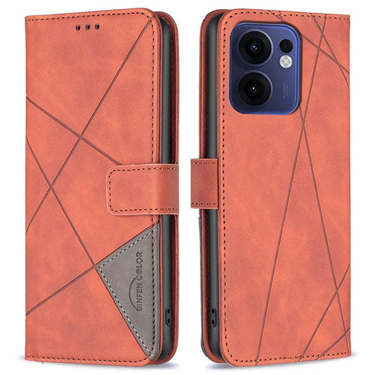 BINFEN COLOR For Oppo Reno13 F 5G Phone Cases Wallet Stand Geometry Imprinted Leather Cover - Brown