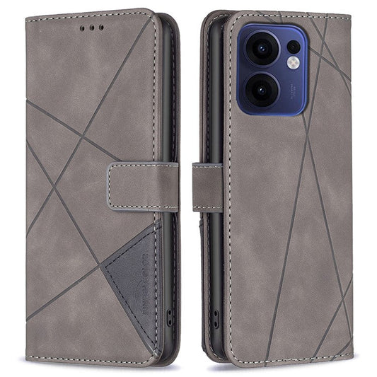 BINFEN COLOR For Oppo Reno13 F 5G Phone Cases Wallet Stand Geometry Imprinted Leather Cover - Grey