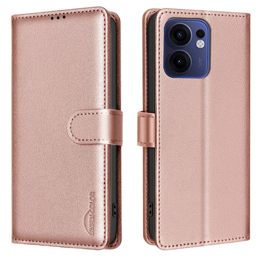 BINFEN COLOR BF32 For Oppo Reno13 F 5G Leather Case Wallet RFID Blocking Phone Cover - Rose Gold