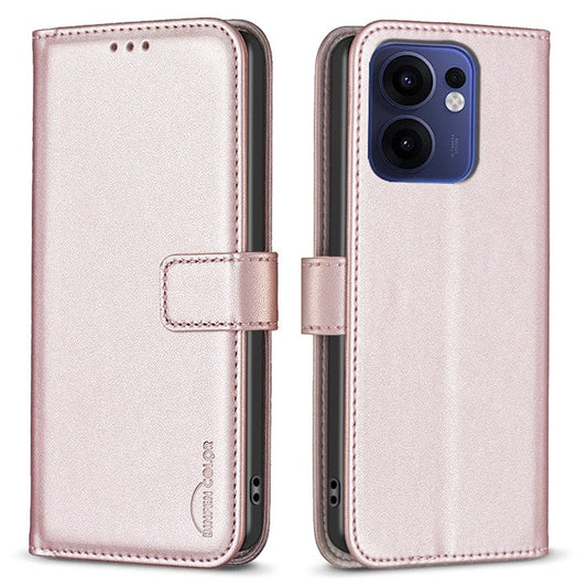 BINFEN COLOR BF17 For Oppo Reno13 F 5G Case Wallet Folio Flip Leather Cover - Rose Gold