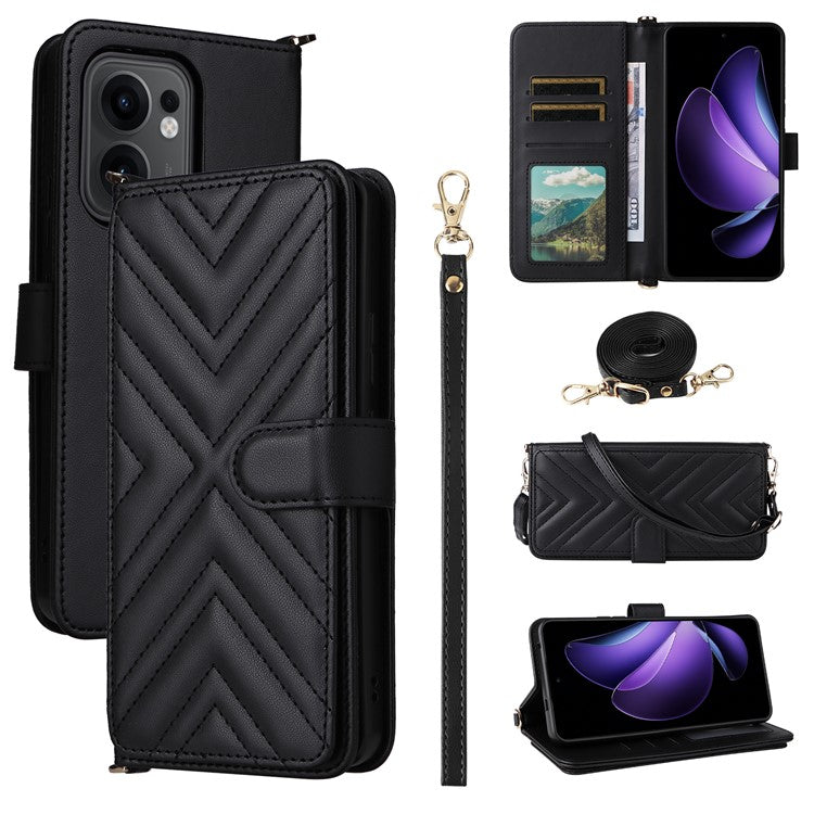 For Oppo Reno13 F 5G / 4G Wallet Case with Shoulder / Wrist Strap Leather Phone Cover Stand - Black