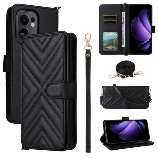 For Oppo Reno13 F 5G / 4G Wallet Case with Shoulder / Wrist Strap Leather Phone Cover Stand - Black