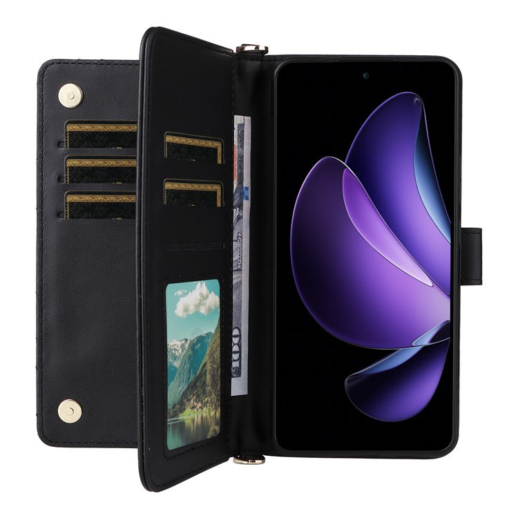 For Oppo Reno13 F 5G / 4G Wallet Case with Shoulder / Wrist Strap Leather Phone Cover Stand - Black