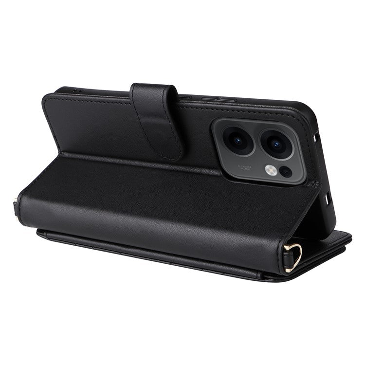 For Oppo Reno13 F 5G / 4G Wallet Case with Shoulder / Wrist Strap Leather Phone Cover Stand - Black