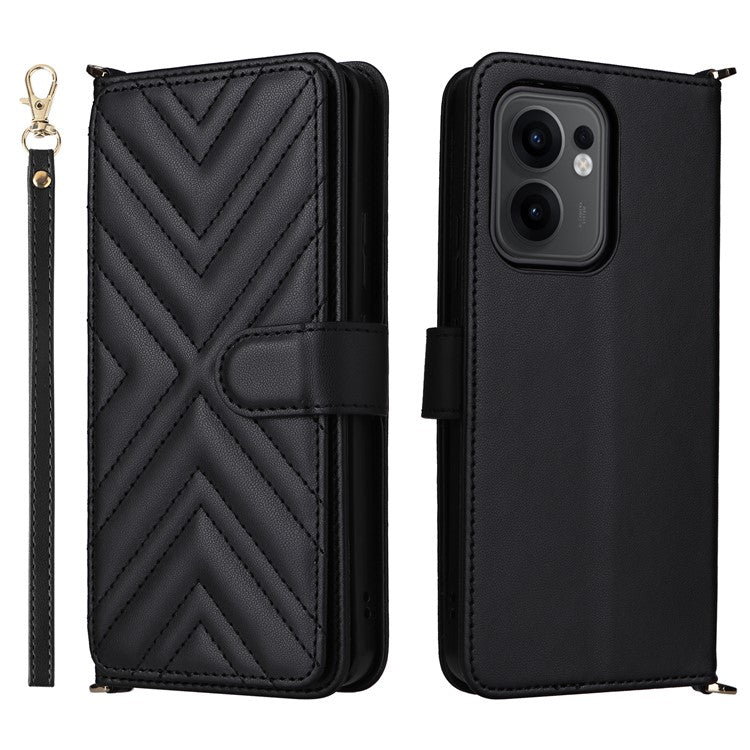 For Oppo Reno13 F 5G / 4G Wallet Case with Shoulder / Wrist Strap Leather Phone Cover Stand - Black