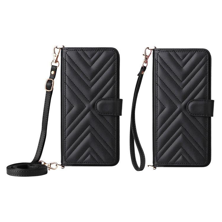 For Oppo Reno13 F 5G / 4G Wallet Case with Shoulder / Wrist Strap Leather Phone Cover Stand - Black