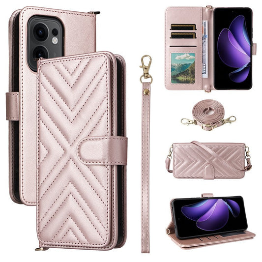 For Oppo Reno13 F 5G / 4G Wallet Case with Shoulder / Wrist Strap Leather Phone Cover Stand - Pink