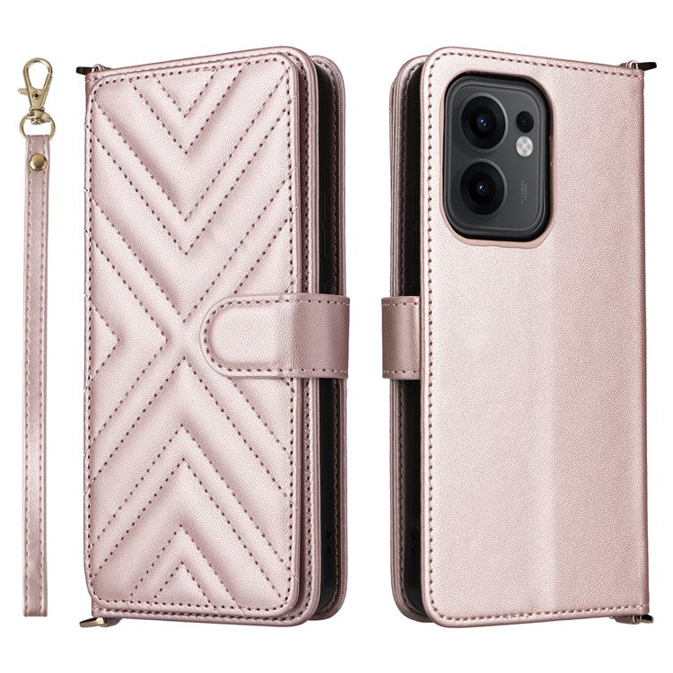 For Oppo Reno13 F 5G / 4G Wallet Case with Shoulder / Wrist Strap Leather Phone Cover Stand - Pink