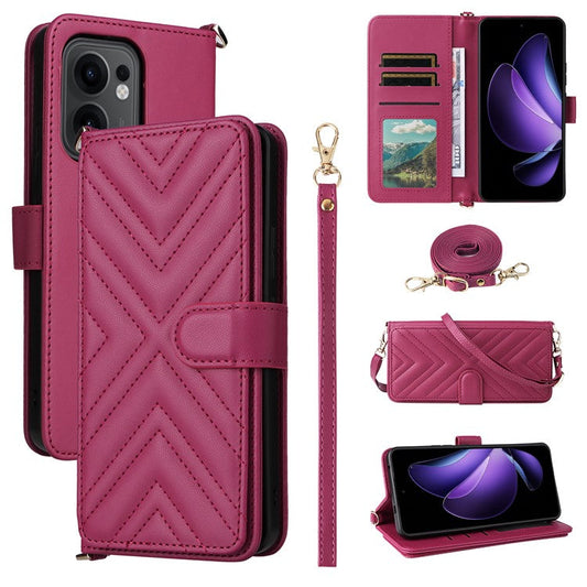 For Oppo Reno13 F 5G / 4G Wallet Case with Shoulder / Wrist Strap Leather Phone Cover Stand - Rose