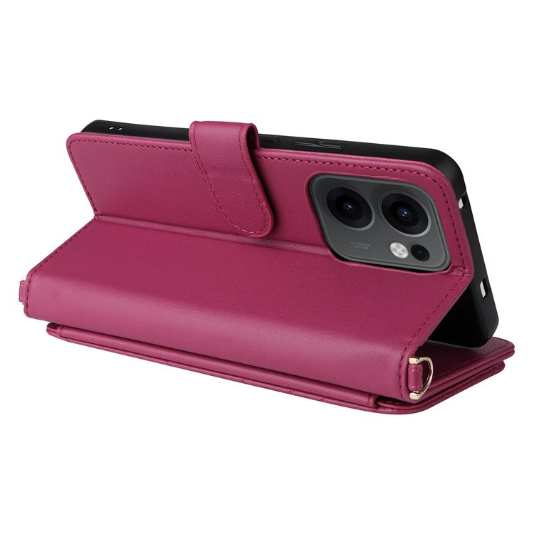 For Oppo Reno13 F 5G / 4G Wallet Case with Shoulder / Wrist Strap Leather Phone Cover Stand - Rose