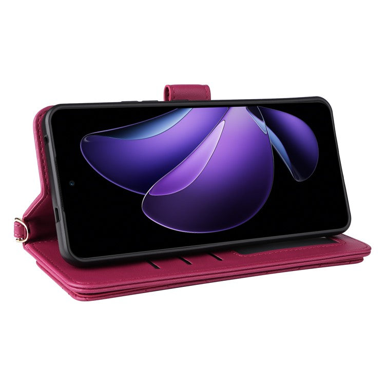 For Oppo Reno13 F 5G / 4G Wallet Case with Shoulder / Wrist Strap Leather Phone Cover Stand - Rose